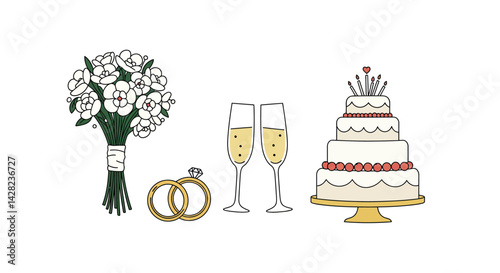 Elegant wedding vector illustration featuring a bouquet, rings, champagne flutes and a cake