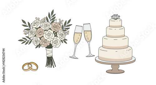 Elegant Wedding Still Life with Bouquet, Rings, Champagne, and Cake Depiction