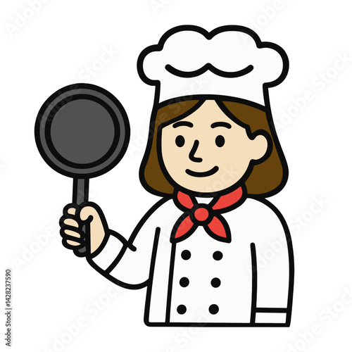 フライパンを持った笑顔の女性コックのフラットイラスト Flat illustration of a smiling female chef holding a frying pan 