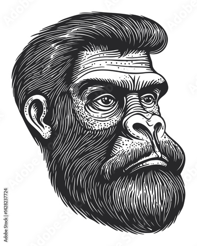 Detailed Hand-Drawn Linocut Style Illustration of a Bearded Man