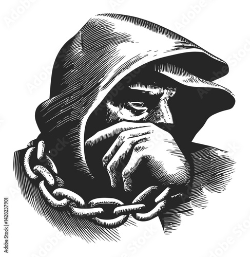 Hand Drawn Linocut Style Illustration of Contemplative Figure