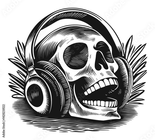 Hand-Drawn Linocut Skull with Headphones in Rustic Style
