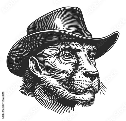 Hand-Drawn Lion Illustration in Linocut Style with Hat