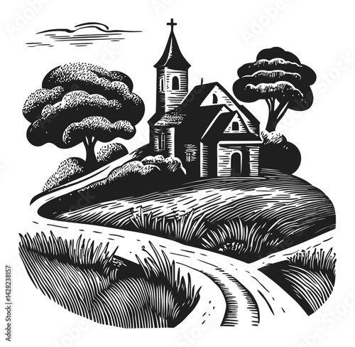 Hand-Drawn Linocut Style Church Landscape with Trees and Road