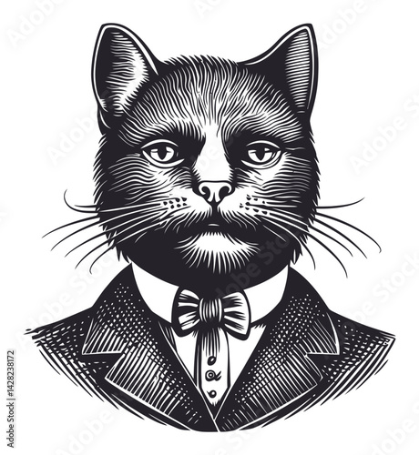 Elegant Cat Portrait in Vintage Linocut and Woodcut Style Art