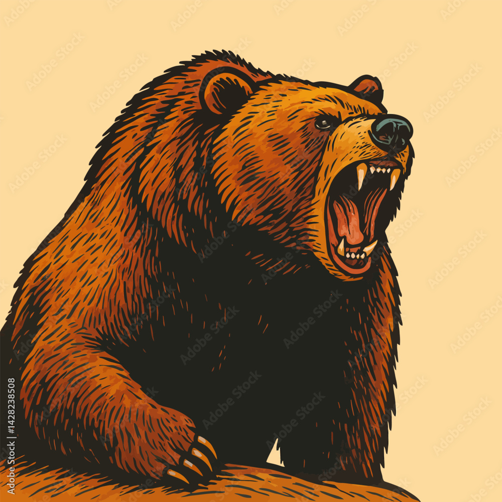 Roaring Brown Bear Illustration with Detailed Fur and Sharp Teeth