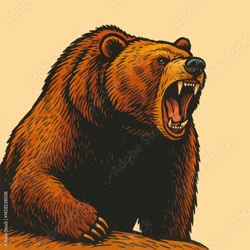 Roaring Brown Bear Illustration with Detailed Fur and Sharp Teeth