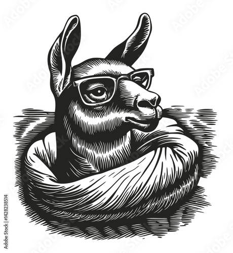 Stylish Llama in Glasses Illustrated in Woodcut and Linocut Style