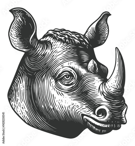 Detailed Hand Drawn Rhinoceros in Linocut and Woodcut Style Artwork