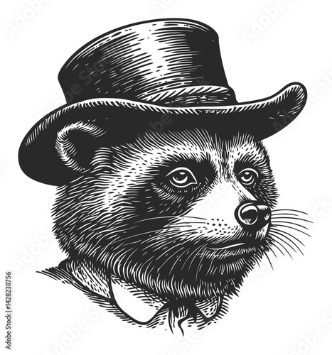 Charming Raccoon Wearing Top Hat in Vintage Woodcut Style Artwork