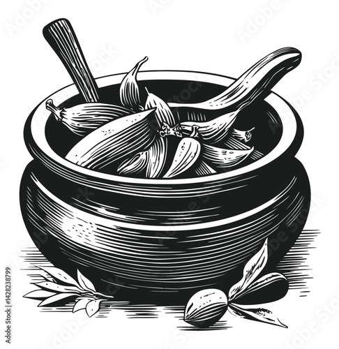 Hand-Drawn Linocut Style Mortar and Pestle with Spices