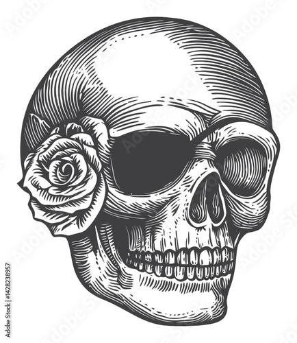 Hand-Drawn Skull with Rose in Vintage Linocut and Woodcut Style