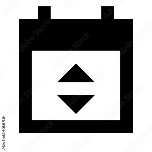Black and white schematic of a calendar icon with up and down arrows inside a square shape on a white background