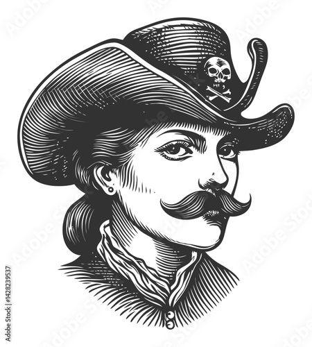 Intricate Hand-Drawn Linocut of a Cowgirl with Mustache and Hat