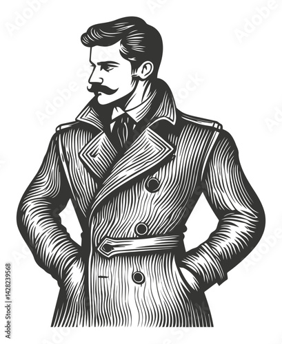 Elegant Vintage Man in Overcoat Stands with Confidence and Style