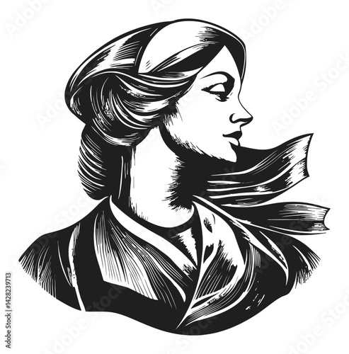 Elegant Woman Profile in Hand Drawn Linocut and Woodcut Style