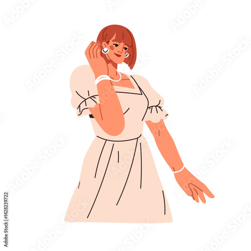 Shy young woman in dress. Pretty modest confused girl. Female character with bob cut, feminine apparel, outfit, summer clothes and accessories. Flat vector illustration isolated on white background
