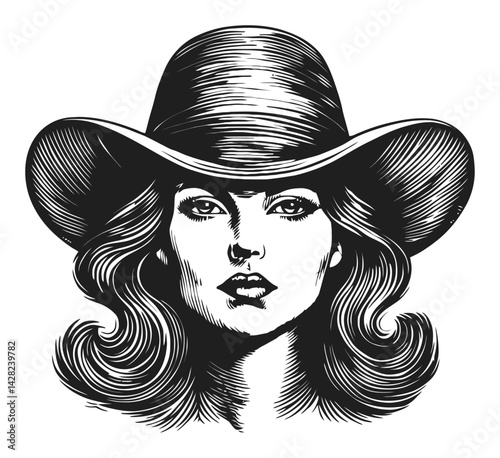 Stylish Woman with Wide-brim Hat in Linocut Woodcut Design