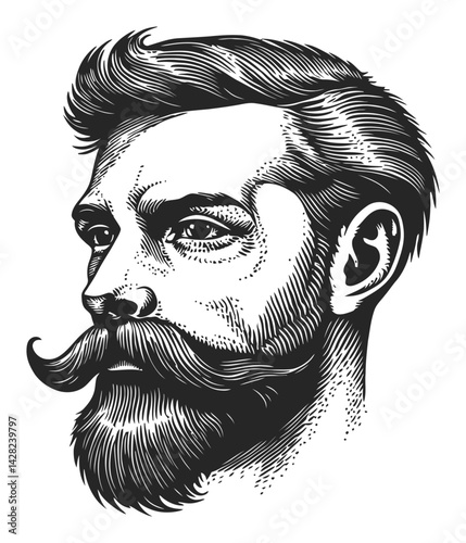 Hand-Drawn Male Portrait in Linocut Style with Detailed Features