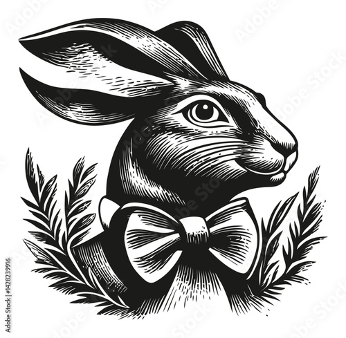 Elegant Rabbit Illustration in Classic Linocut Style Artwork