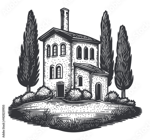 Hand-Drawn Linocut Style Illustration of a Cottage Surrounded by Trees