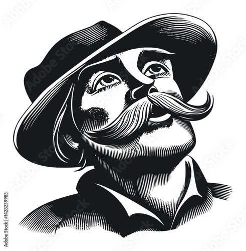 Hand-Drawn Illustration of a Man with a Mustache and Hat