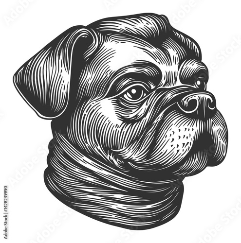 Hand-Drawn Linocut Style Dog Portrait Illustration in Black and White