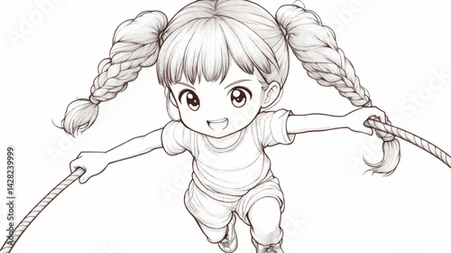 black and white cartoon illustration of a young girl with pigtails jumping rope and smiling for children's activity blogs, fitness websites,and playful themes