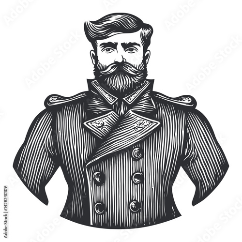 Vintage Style Hand-Drawn Linocut of Bearded Man in Coat