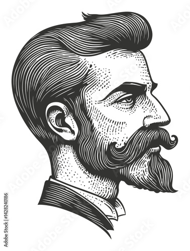 Vintage Man Portrait in Linocut Style with Detailed Facial Features