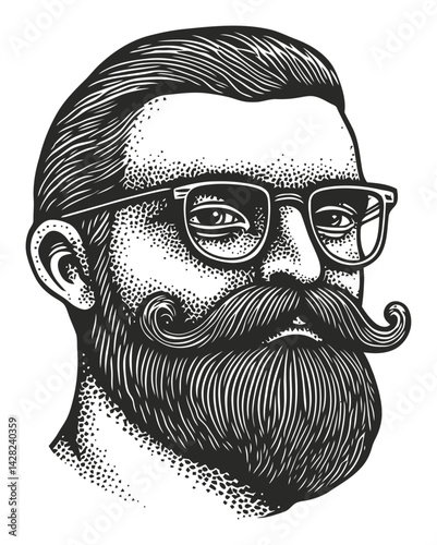 Hand-Drawn Beard Man Portrait in Linocut Style Illustration