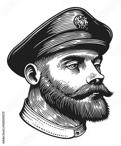 Vintage Captain Portrait in Hand-Drawn Linocut Woodcut Style