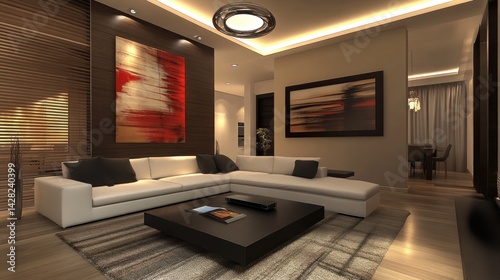 Modern living room featuring a sleek design with art and cozy furniture.
