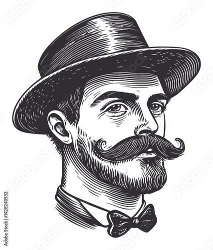 Hand-drawn Vintage Portrait of a Man with Hat and Mustache Style