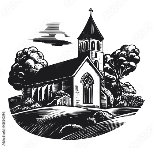 Hand-Drawn Linocut Style Church Illustration in a Nature Setting