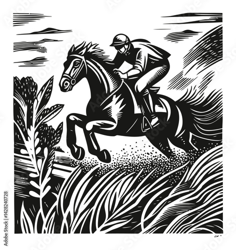 Hand-Drawn Linocut Style of Horse Jumping Through Landscape