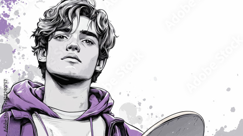 stylish portrait illustration of young man holding skateboard,accented with purple for skateboarding blogs,youth fashion websites,and cool lifestyle content