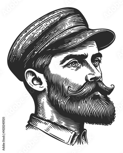 Vintage Hand-Drawn Portrait of a Man with a Mustache and Hat