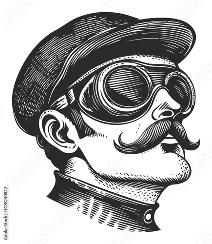 Vintage Style Man with Goggles and Mustache in Linocut Design