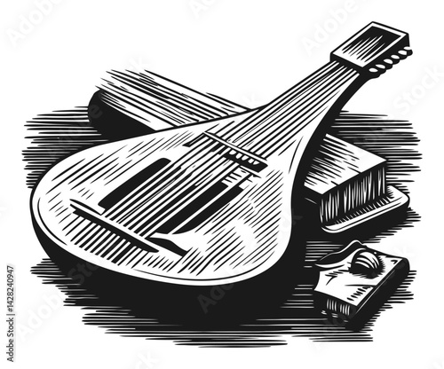 Hand Drawn Woodcut of Musical Instrument with Tools and Texture
