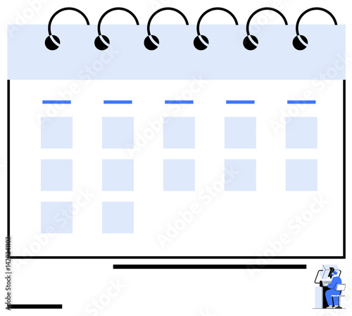 Calendar with spiral binding, grid layout for days or tasks, and a figure managing work. Ideal for productivity, organization, scheduling, time management, planning, apps simple landing page