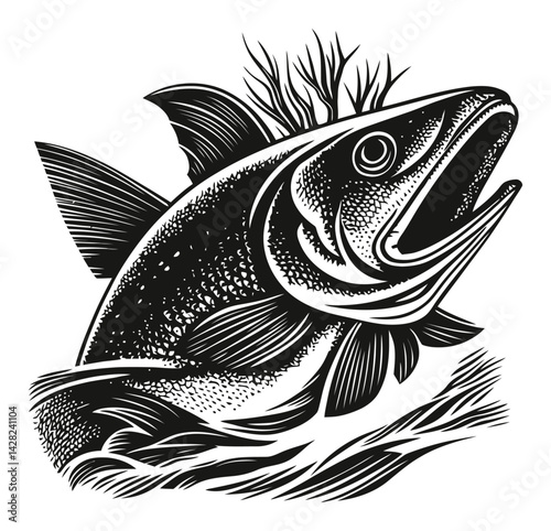 Hand-Drawn Fish Illustration in Linocut and Woodcut Style