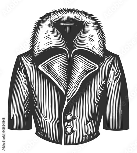 Stylish Hand-Drawn Linocut Illustration of Vintage Fur Coat Design