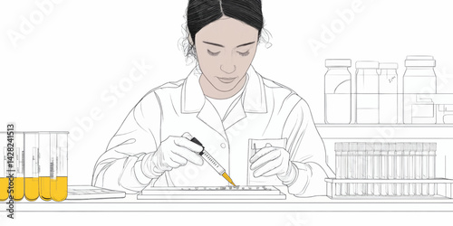 Illustration of a female scientist using a pipette to transfer liquid for science websites, medical research blogs and laboratory topics.