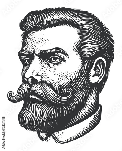 Vintage Man Portrait in Linocut Style with Detailed Beard and Hair