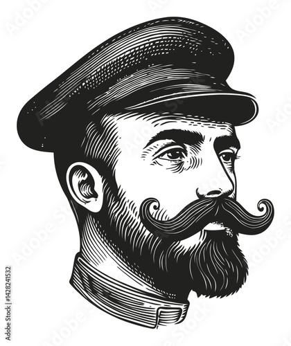 Vintage Hand-Drawn Linocut Style Portrait of a Mustached Man
