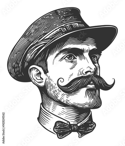 Vintage Male Portrait in Hand-Drawn Linocut Style Illustration