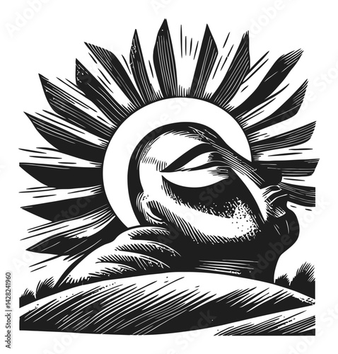Hand-Drawn Linocut Style of Sun with Abstract Face and Rays
