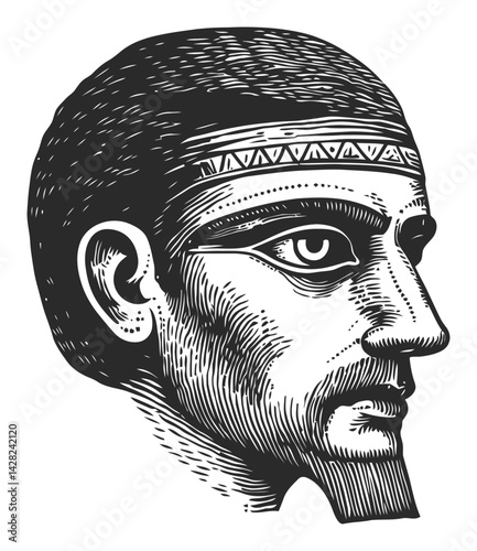 Detailed Hand-Drawn Linocut Style Portrait of Ancient Figure