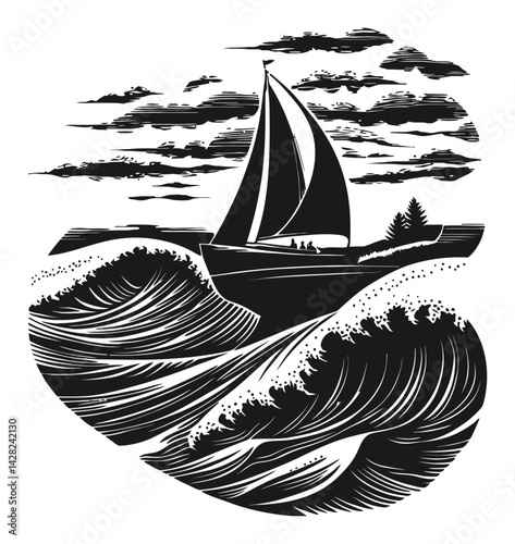 Hand-Drawn Linocut Style Sailboat Navigating High Waves